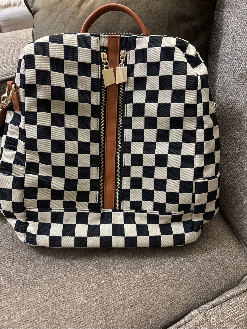 Checkerboard Canvas Backpack with Brown Trim
